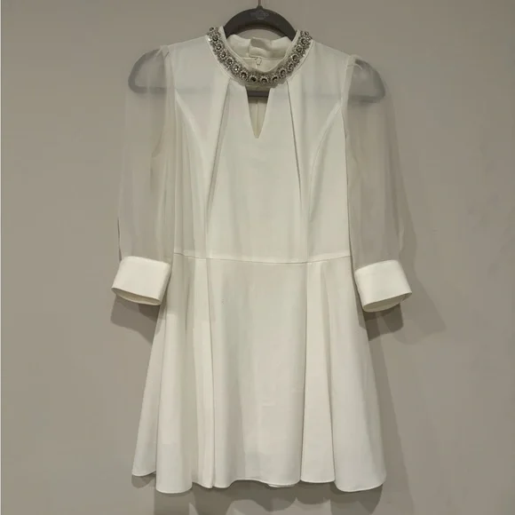 Dresses | White Long Sleeve Aline Circle Skater Flowy Bejeweled Collar Mini  Dress | Poshmark